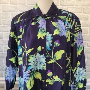 Vtg Maggie Sweet Blazer Button Up Faux Silk Floral 1X Petite Artsy Classic USA